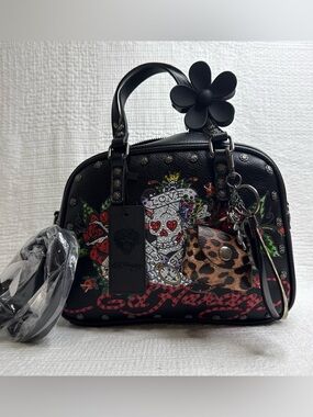 Ed Hardy Black Satchel Bag with Skull Heart Applique and Detachable Strap ❤️🔥